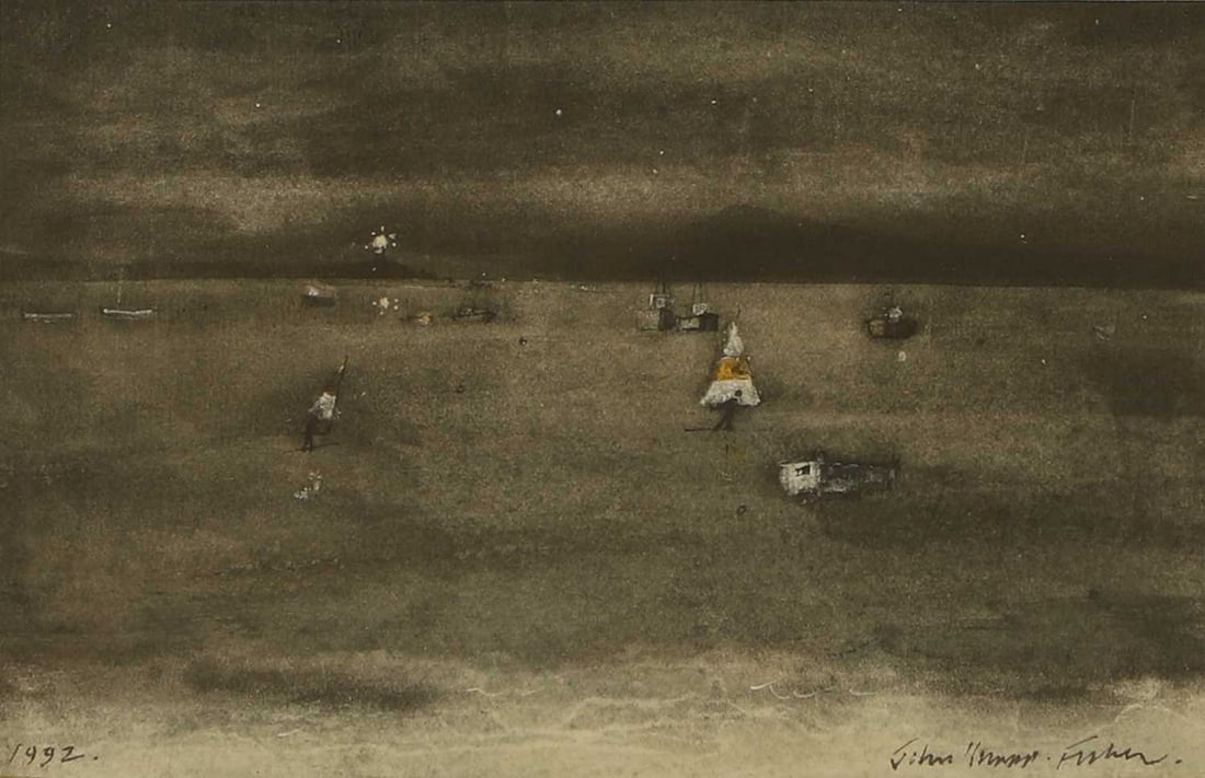 ▲ John Knapp-Fisher (British, 1931-2015) 'Windsurfers, Evening, Fishguard Harbour': ▲ John Knapp-Fisher (British, 1931-2015) 'Windsurfers, Evening, Fishguard Harbour' signed 'John Knapp-Fisher' l.r., dated '1992' l.l., also signed, inscribed with title and dated on label verso,
