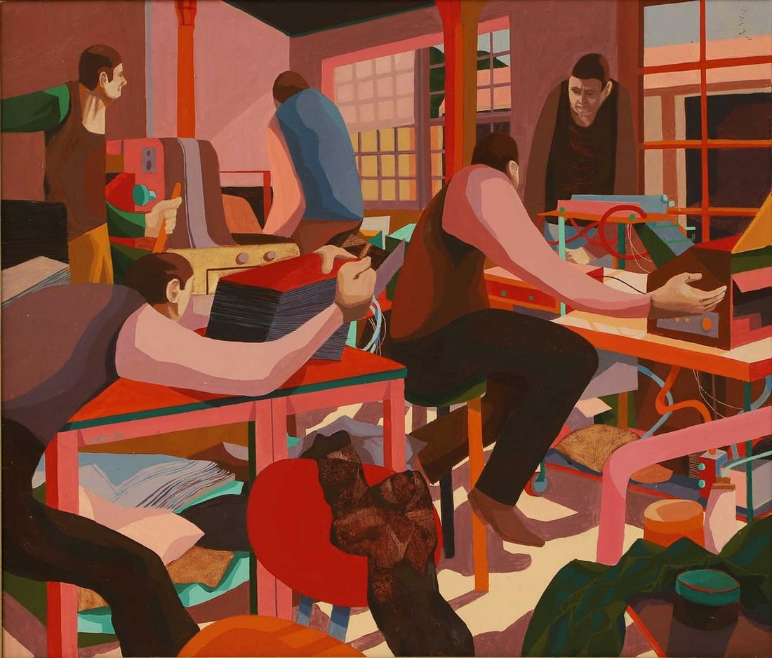 ▲ George Large (British, b.1936) 'The Printers - Finishing': ▲ George Large (British, b.1936) 'The Printers - Finishing' signed and dated 'LARGE '88' c.l., oil on canvas (68 x 81cm; framed 78 x 91cm) Condition Report: A little light surface dirt. Some sma