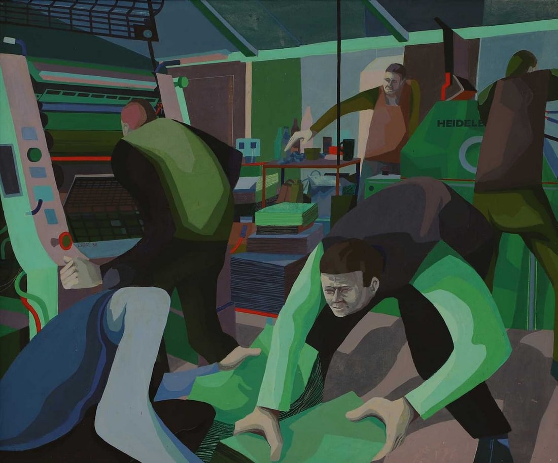 ▲ George Large (British, b.1936) 'The Printers - Printing': ▲ George Large (British, b.1936) 'The Printers - Printing' signed and dated 'LARGE '88' c.l., oil on canvas (69 x 81cm; framed 78.5 x 90.5cm) Condition Report: A small bump in the canvas in the