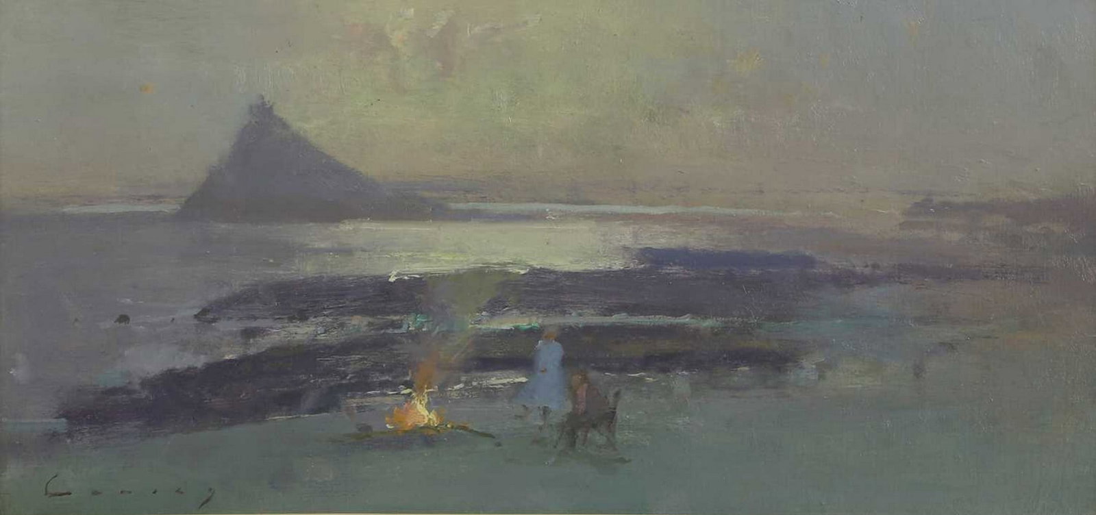 ▲ Fred Cuming RA (British, 1930-2022) 'Barbecue, St Michael's Mount': ▲ Fred Cuming RA (British, 1930-2022) 'Barbecue, St Michael's Mount' signed 'Cuming' l.l., oil on board (20 x 40cm; framed 33 x 53cm) Provenance: With Manya Igel Fine Arts, London. Condition Rep
