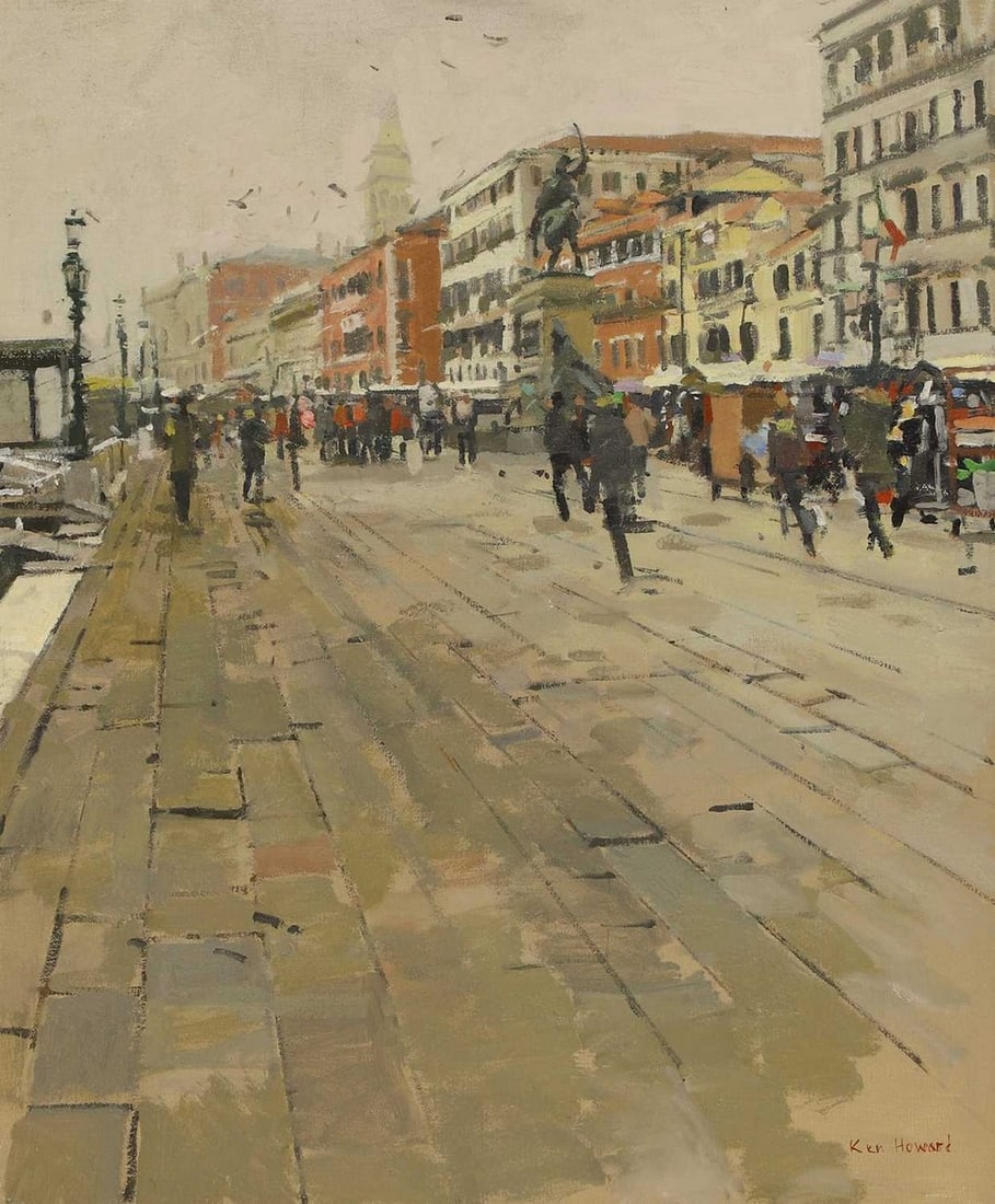 ▲ Ken Howard RA (British, 1932-2022) Misty morning, Venice, 2015: ▲ Ken Howard RA (British, 1932-2022) Misty morning, Venice, 2015 signed 'Ken Howard' l.r., oil on canvas (61 x 50cm; framed 76.5 x 65.5cm) Provenance: With Richard Green Gallery, London. Footnot