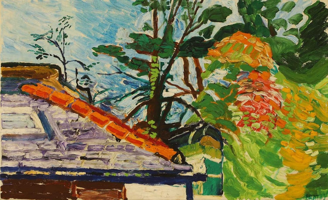 ▲ John Bratby RA (British, 1928-1992) A landscape with building and trees: ▲ John Bratby RA (British, 1928-1992) A landscape with building and trees signed 'BRATBY' l.r., oil on canvas (40 x 66cm; framed 59 x 84cm) Condition Report: A little dust and dirt to crevices o