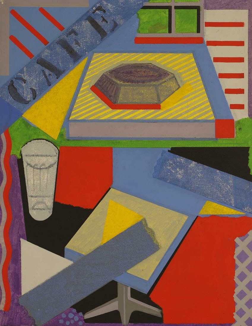 ▲ Theodore Mendez (British, 1934-1997) 'Cafe': ▲ Theodore Mendez (British, 1934-1997) 'Cafe' signed 'Theo Mendez', inscribed with title and dated 'middle '80s' on stretcher verso, acrylic on canvas (91 x 71cm, unframed) Provenance: The artis