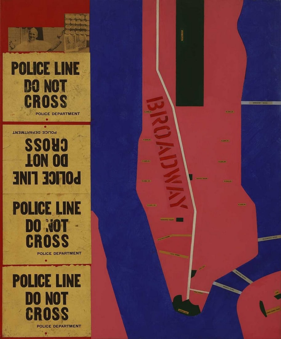 ▲ Theodore Mendez (British, 1934-1997) 'Police Line, Do Not Cross': ▲ Theodore Mendez (British, 1934-1997) 'Police Line, Do Not Cross' collage and acrylic on canvas (101 x 83.5cm; unframed) Provenance: The artist's estate. Condition Report: Discolouration and st