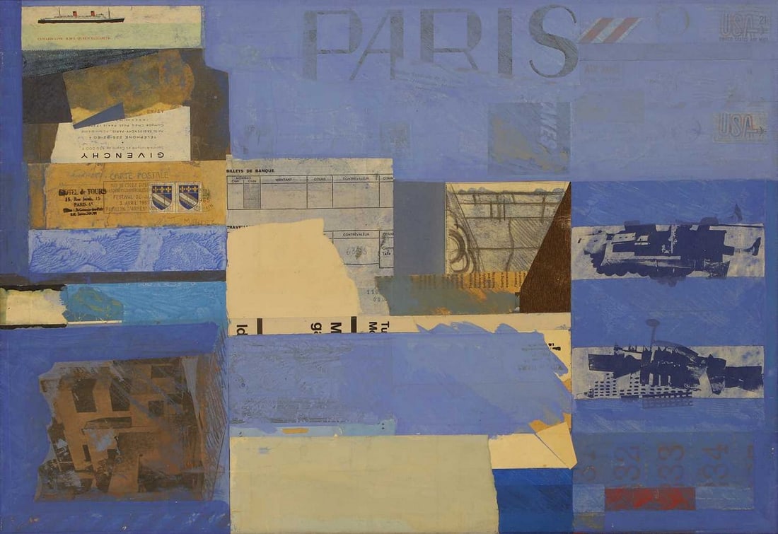 ▲ Theodore Mendez (British, 1934-1997) 'Blue Paris': ▲ Theodore Mendez (British, 1934-1997) 'Blue Paris' signed and dated 'MENDEZ 8/74' verso, collage and acrylic on canvas (41 x 58cm; framed 42.5 x 60.5cm) Provenance: The artist's estate. Conditi