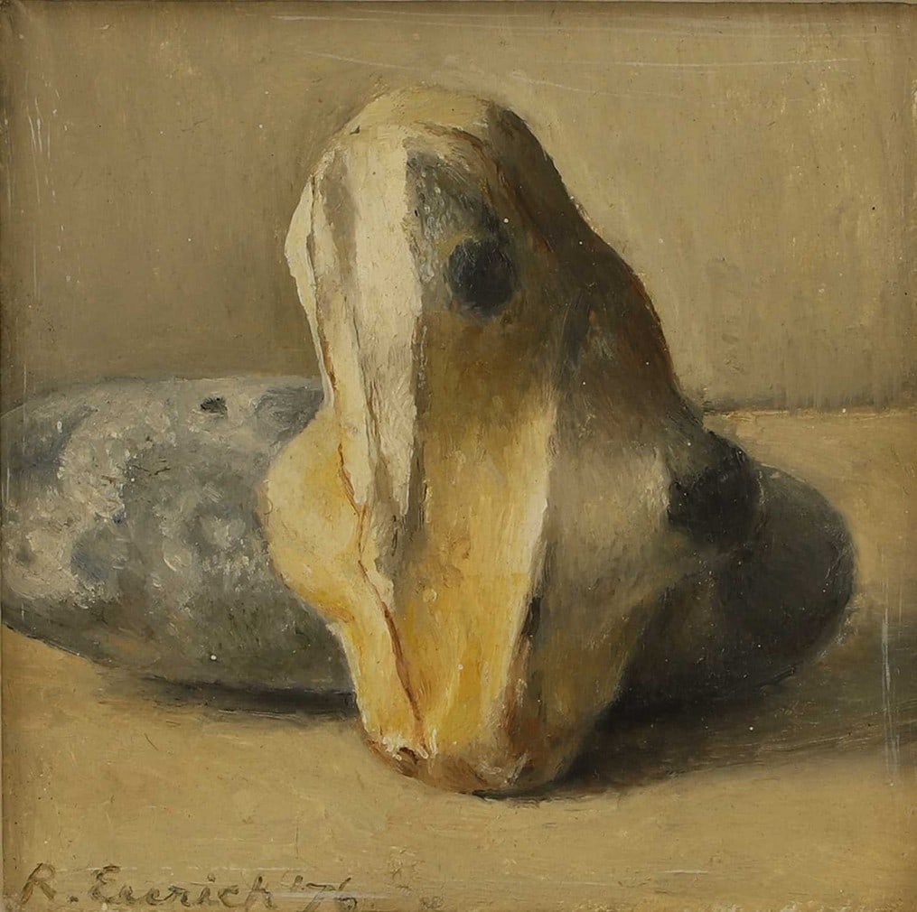 ▲ Richard Eurich RA (British, 1903-1992) 'Flint and Pebble': ▲ Richard Eurich RA (British, 1903-1992) 'Flint and Pebble' signed and dated 'R. Eurich '76' l.l., also signed, inscribed with title and dated verso, oil on board (9.5 x 9.5cm; framed 19.5 x 19.