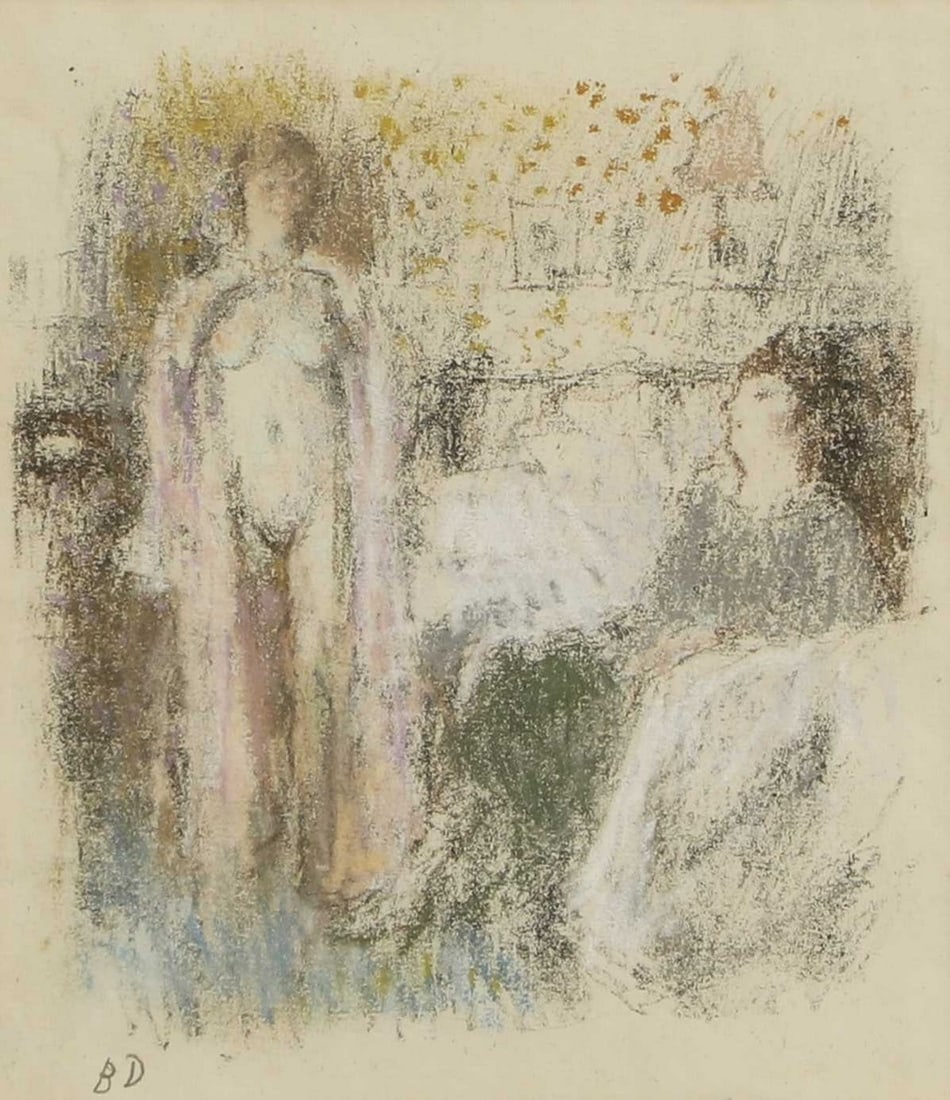 ▲ Bernard Dunstan RA (British, 1920-2017) 'Dressing Room Conversation', 1993: ▲ Bernard Dunstan RA (British, 1920-2017) 'Dressing Room Conversation', 1993 signed with initials l.l., pastel and charcoal on paper (18.5 x 16.5cm; framed 37 x 33cm) Condition Report: A little