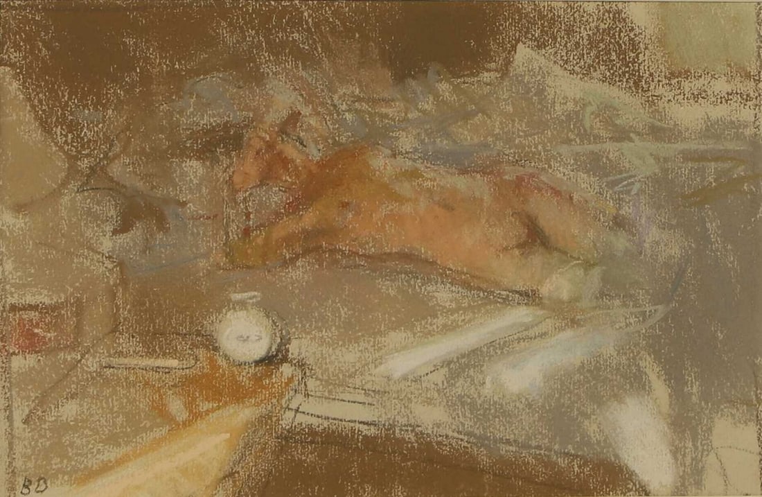 ▲ Bernard Dunstan RA (British, 1920-2017) A reclining nude: ▲ Bernard Dunstan RA (British, 1920-2017) A reclining nude signed with initials l.l., pastel (16 x 23.5cm; framed 31.5 x 39cm) Condition Report: Appears to be in good order. Not viewed out of gl