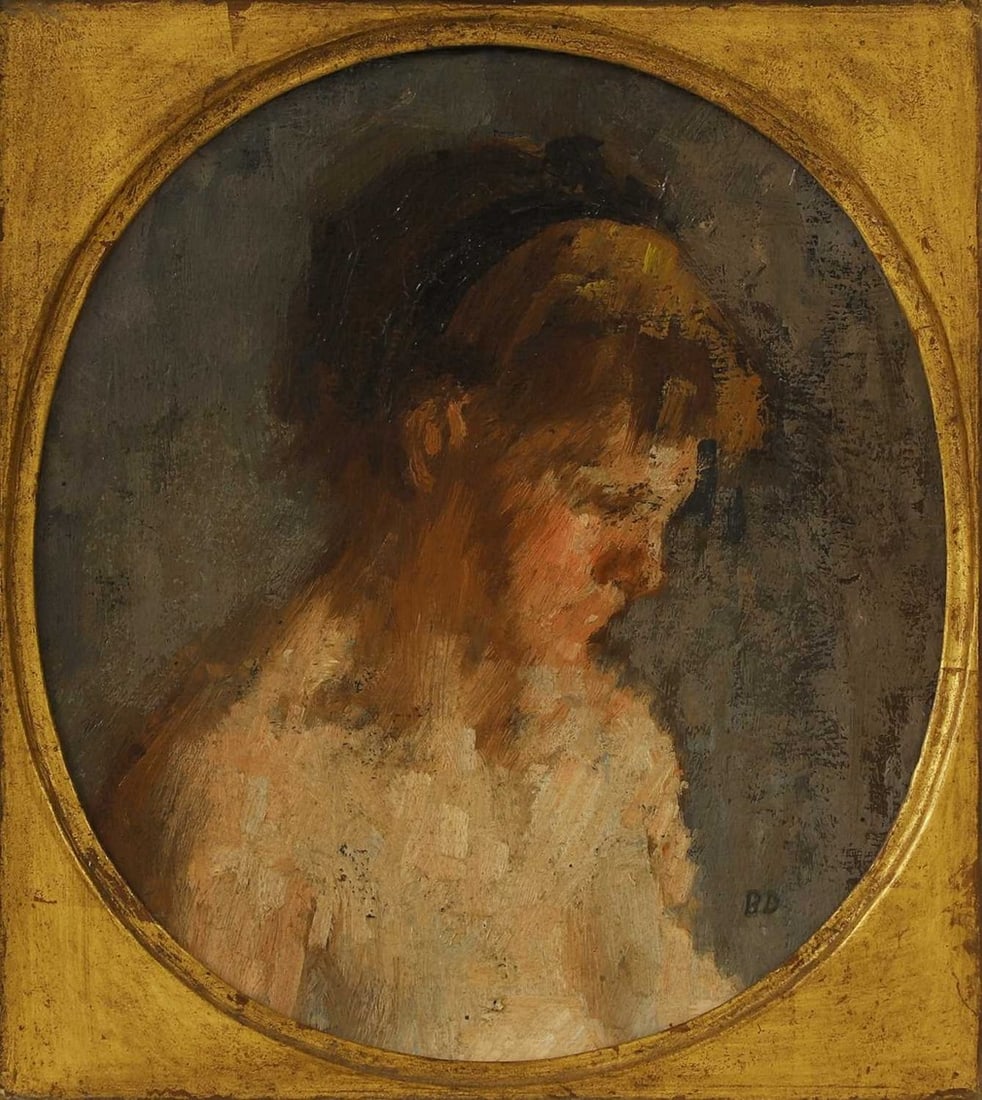 ▲ Bernard Dunstan RA (British, 1920-2017) Portrait of the artist's wife: ▲ Bernard Dunstan RA (British, 1920-2017) Portrait of the artist's wife signed with initials l.r., oil on canvas board (17.5 x 16.5cm; framed 25.5 x 23.5cm) Provenance: The collection of David a