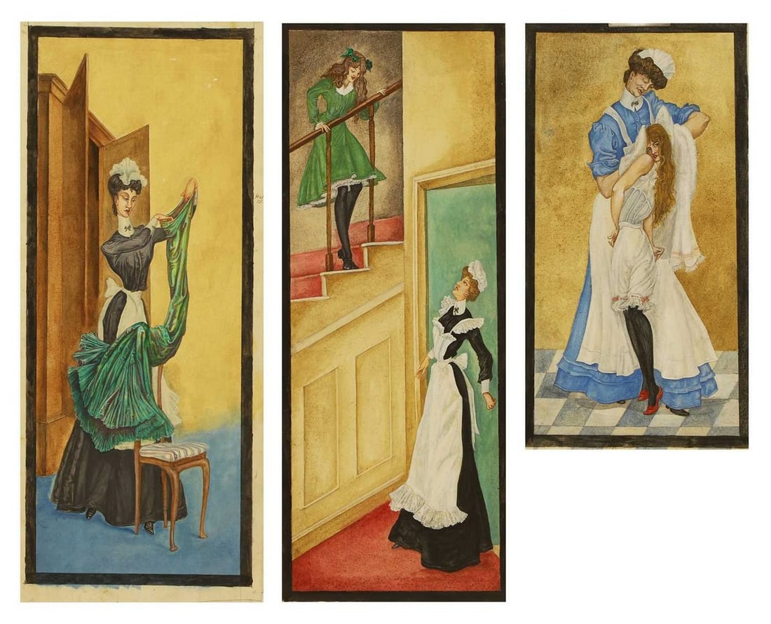Albert Victor Ormsby Wood (Irish-British, 1904-1977) A group of five paintings of a maid and her: Albert Victor Ormsby Wood (Irish-British, 1904-1977) A group of five paintings of a maid and her charge watercolour and gouache over pencil, one lightly squared (presumably for transfer) (largest 72 x