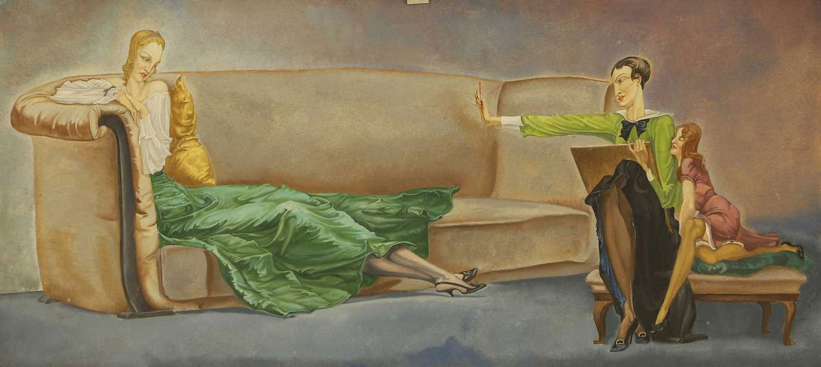 ▲ Albert Victor Ormsby Wood (Irish-British, 1904-1977) An afternoon of drawing: ▲ Albert Victor Ormsby Wood (Irish-British, 1904-1977) An afternoon of drawing gouache on board (33.5 x 73cm; unframed) Condition Report: Board is bowed with slightly worn corners. A few small p