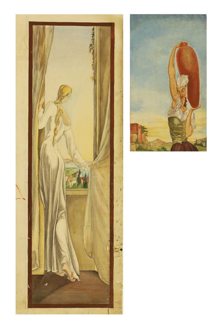 Albert Victor Ormsby Wood (Irish-British, 1904-1977) Two paintings, one of a woman at a window, the: Albert Victor Ormsby Wood (Irish-British, 1904-1977) Two paintings, one of a woman at a window, the other of a figure carrying a water jug the first pencil and watercolour, squared (presumably for tra