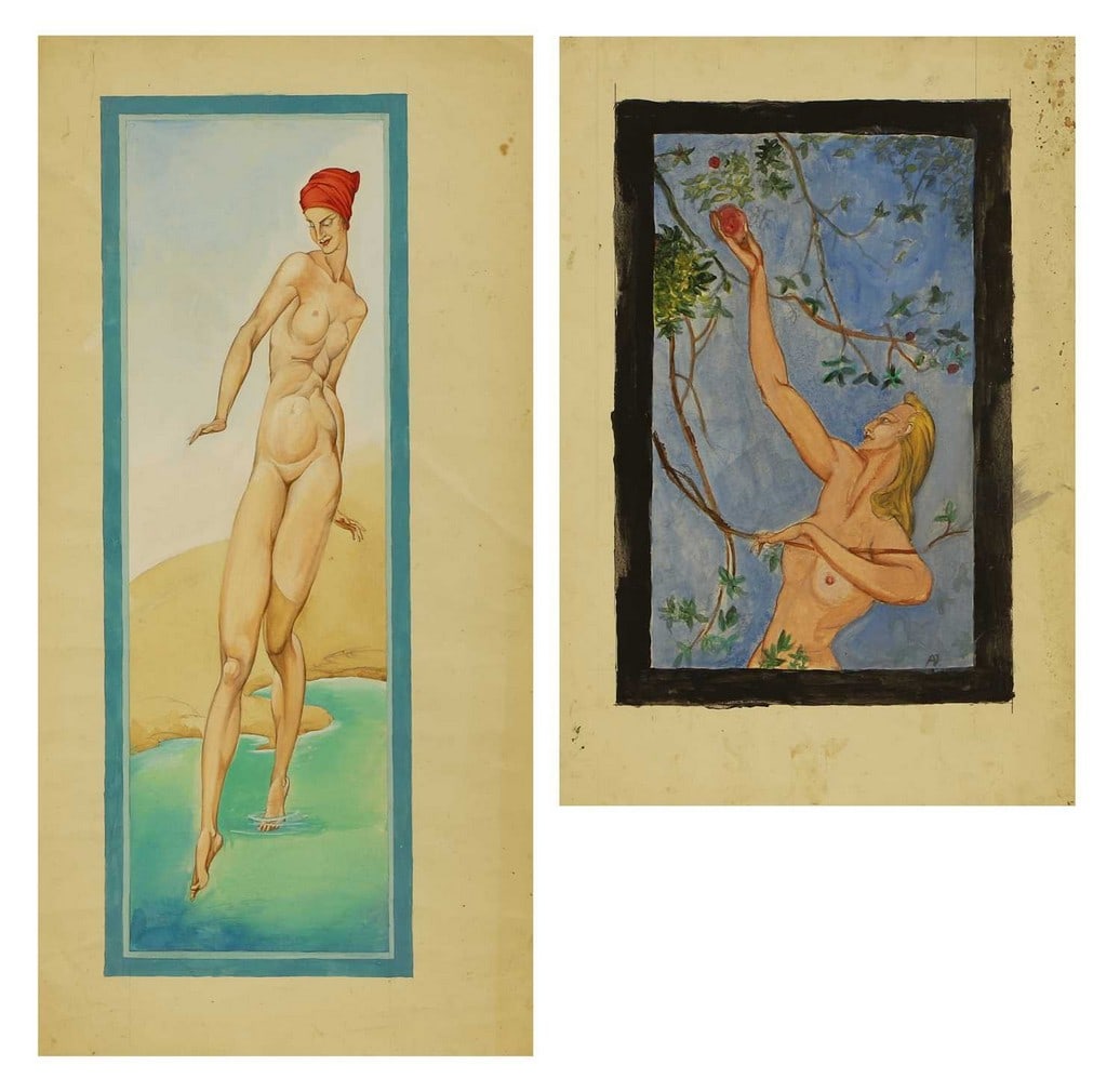 Albert Victor Ormsby Wood (Irish-British, 1904-1977) Two paintings, one of a nude paddling, the: Albert Victor Ormsby Wood (Irish-British, 1904-1977) Two paintings, one of a nude paddling, the other of a nude picking fruit from a tree watercolour and gouache over pencil (73.5 x 37cm and 55.5 x 38