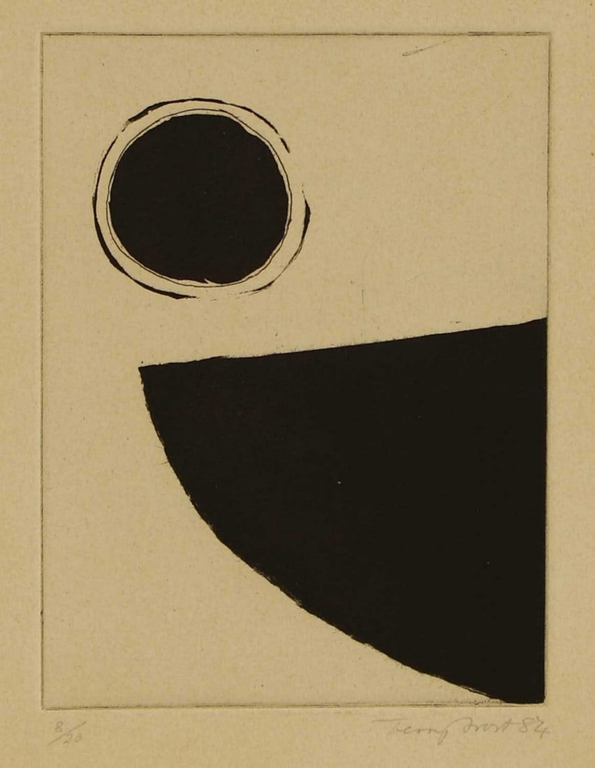 ▲ Sir Terry Frost RA (British, 1915-2003) 'Black Moon': ▲ Sir Terry Frost RA (British, 1915-2003) 'Black Moon' etching, signed and dated 'Terry Frost '84' in pencil l.r., numbered 8/12 (sheet 31 x 23.5cm; unframed) Provenance: Gifted to Melville Hard