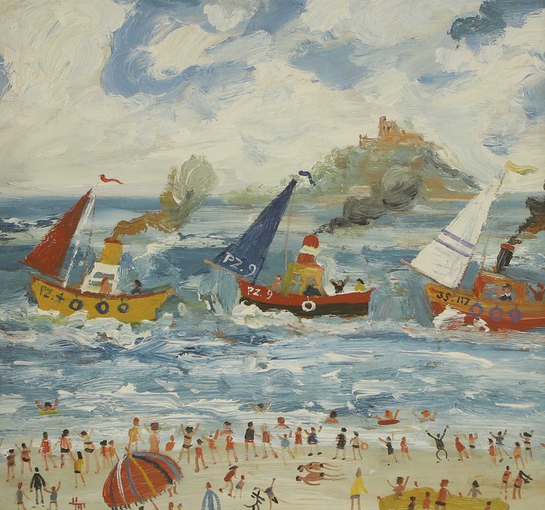 ▲ Simeon Stafford (British, b.1956) 'The Fishing Fleet': ▲ Simeon Stafford (British, b.1956) 'The Fishing Fleet' signed 'SIMEON' l.l., also signed, inscribed with title, and dated '18.9.11' with a sketch of a fisherman verso, oil on board (32 x 32cm;