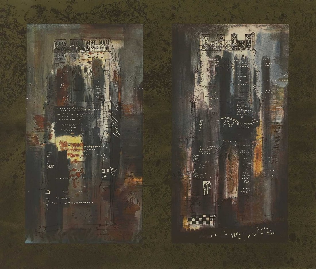 ▲ John Piper CH (British, 1903-1992) 'Two Suffolk Towers', 1973: ▲ John Piper CH (British, 1903-1992) 'Two Suffolk Towers', 1973 screenprint in colours, signed 'John Piper' in pencil l.r., numbered 22/70 (sheet 70 x 76.5cm; framed 77 x 82cm) Condition Report: