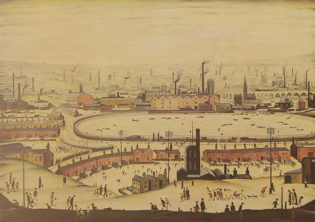 ▲ Laurence Stephen Lowry RA (British, 1887-1976) 'The Pond': ▲ Laurence Stephen Lowry RA (British, 1887-1976) 'The Pond' offset lithograph in colours, signed 'L. S. Lowry' in pencil l.r., with the Fine Art Trade Guild blind stamp (image 43 x 57cm; framed