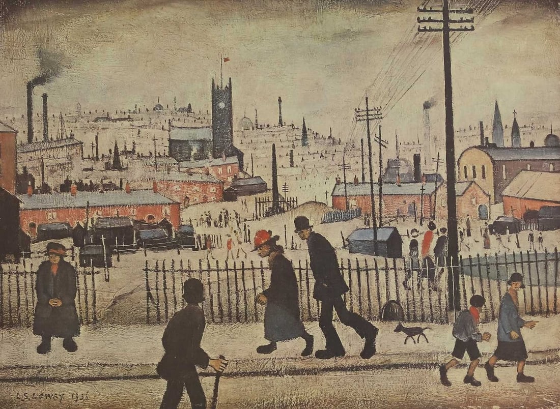 ▲ Laurence Stephen Lowry RA (British, 1887-1976) ‘View of a Town’: ▲ Laurence Stephen Lowry RA (British, 1887-1976) ‘View of a Town’ offset lithograph in colours, signed 'L S Lowry' in pencil l.r., from the unnumbered edition of 850 published by Mai