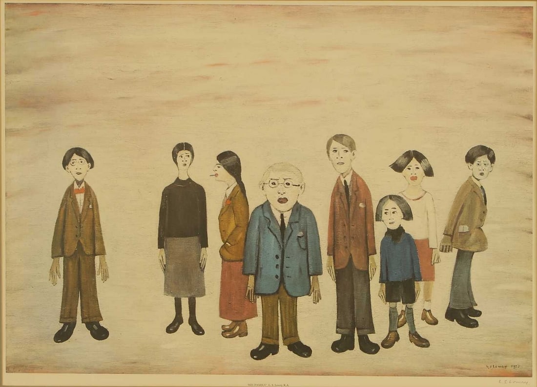 ▲ Laurence Stephen Lowry RA (British, 1887-1976) ‘His Family': ▲ Laurence Stephen Lowry RA (British, 1887-1976) ‘His Family' offset lithograph in colours, 1972, signed 'L S Lowry' in pencil, from the edition of 575 printed by Chorley & Pickersgill Ltd