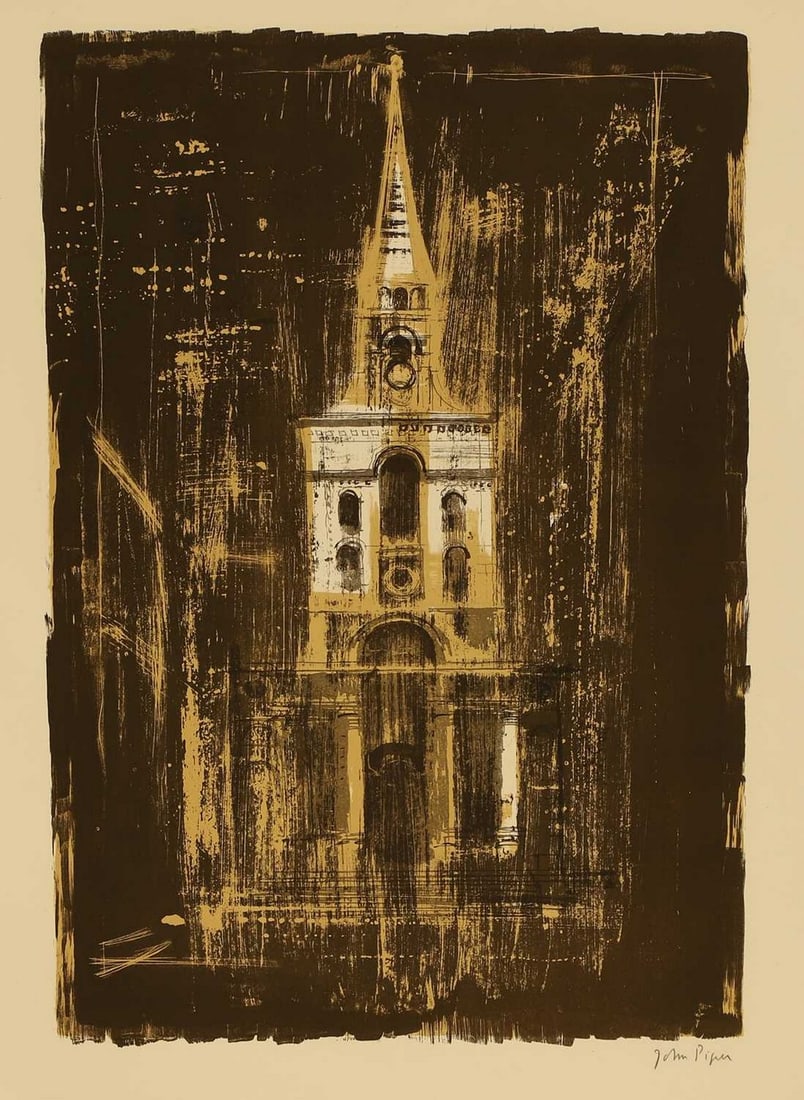▲ John Piper CH (British, 1903-1992) 'Christ Church, Spitalfields, London by Nicholas: ▲ John Piper CH (British, 1903-1992) 'Christ Church, Spitalfields, London by Nicholas Hawksmoor', 1964 lithograph in colours, signed 'John Piper' in pencil l.r. (sheet 81 x 59m; unframed)