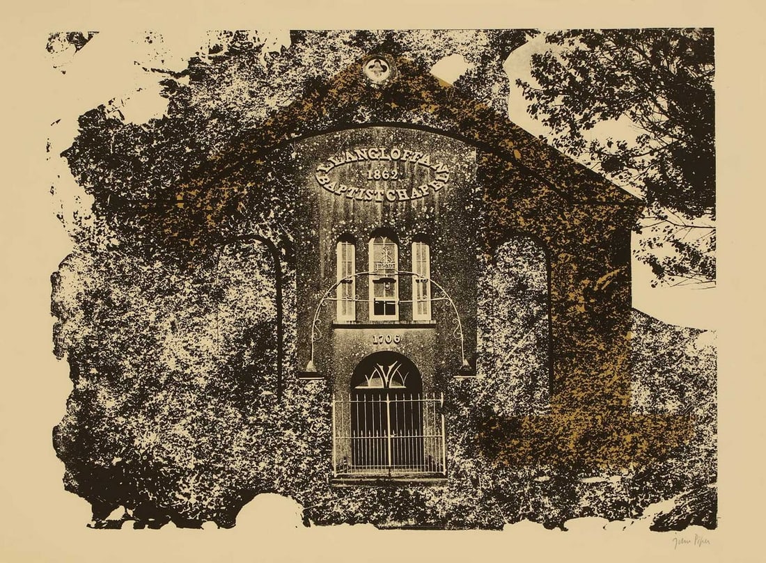 ▲ John Piper CH (British, 1903-1992) 'Llangloffan, Pembrokeshire: the Baptist Chapel', 1964: ▲ John Piper CH (British, 1903-1992) 'Llangloffan, Pembrokeshire: the Baptist Chapel', 1964 lithograph in colours, signed 'John Piper' in pencil l.r. (sheet 59.5 x 82cm; unframed) Provenance: Fr