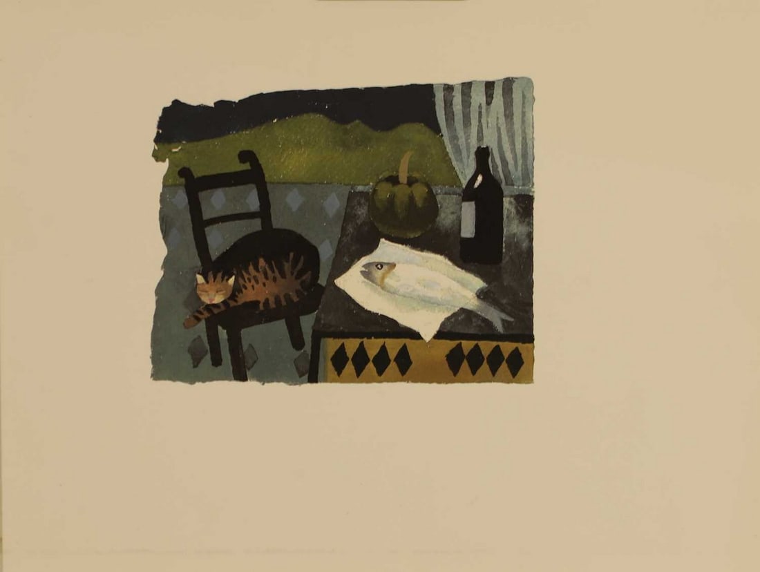 ▲ Mary Fedden RA (British, 1915-2012) 'Cat and Fish': ▲ Mary Fedden RA (British, 1915-2012) 'Cat and Fish' lithograph in colours (sheet 28.5 x 37.5cm; unframed) Provenance: From the estate of Stanley Jones MBE RE (1933-2023) by descent. Condition R