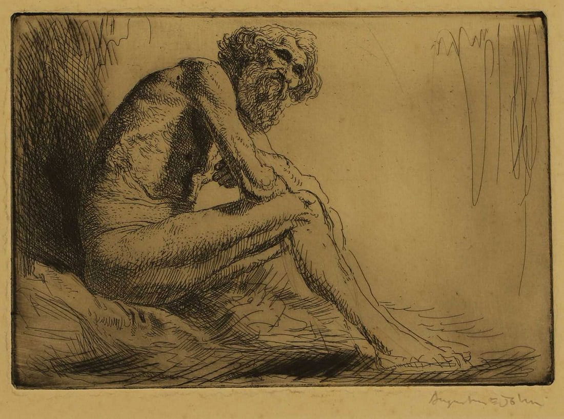 ▲ Augustus John OM RA (British, 1878-1961) 'Old Man, Seated' (Campbell Dodgson 99): ▲ Augustus John OM RA (British, 1878-1961) 'Old Man, Seated' (Campbell Dodgson 99) etching, signed 'Augustus E John' in pencil l.r., faintly inscribed 'Old Man, Nude' l.l. (sheet 19 x 27.5cm; un