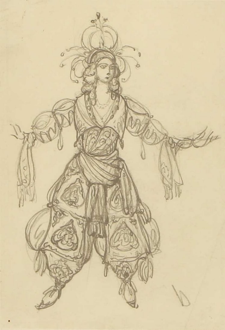 Léon Bakst (Russian, 1866-1924) Costume design, possibly for the revue 'Aladin', circa 1919: Léon Bakst (Russian, 1866-1924) Costume design, possibly for the revue 'Aladin', circa 1919 inscribed 'b' l.r., pencil (14.5 x 9.5cm; framed 31 x 26cm) Provenance: The artist's family, Paris; Mrs