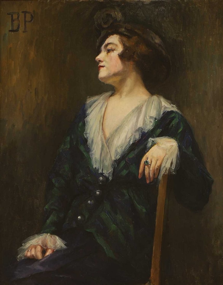 French School, early 20th century Portrait of a lady, half-length seated, in a blue and green dress: French School, early 20th century Portrait of a lady, half-length seated, in a blue and green dress inscribed with initials 'BP' u.l., and inscribed 'Dupuy/...' verso, oil on canvas (92 x 73cm; framed
