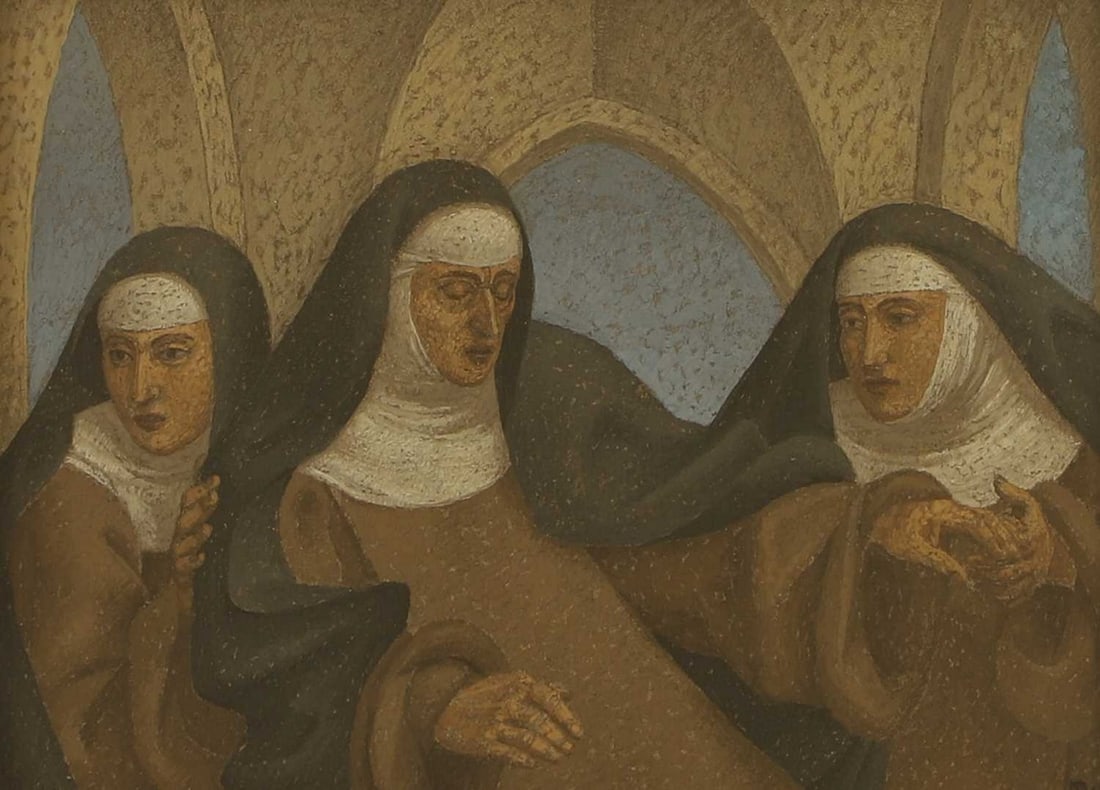 ▲ John Rutherford Armstrong ARA (British, 1893-1973) 'Three Nuns': ▲ John Rutherford Armstrong ARA (British, 1893-1973) 'Three Nuns' signed with initials and dated '48' l.r., tempera on card (15.5 x 20.5cm; framed 25 x 30cm) Provenance: Sotheby's, London, 'Mode