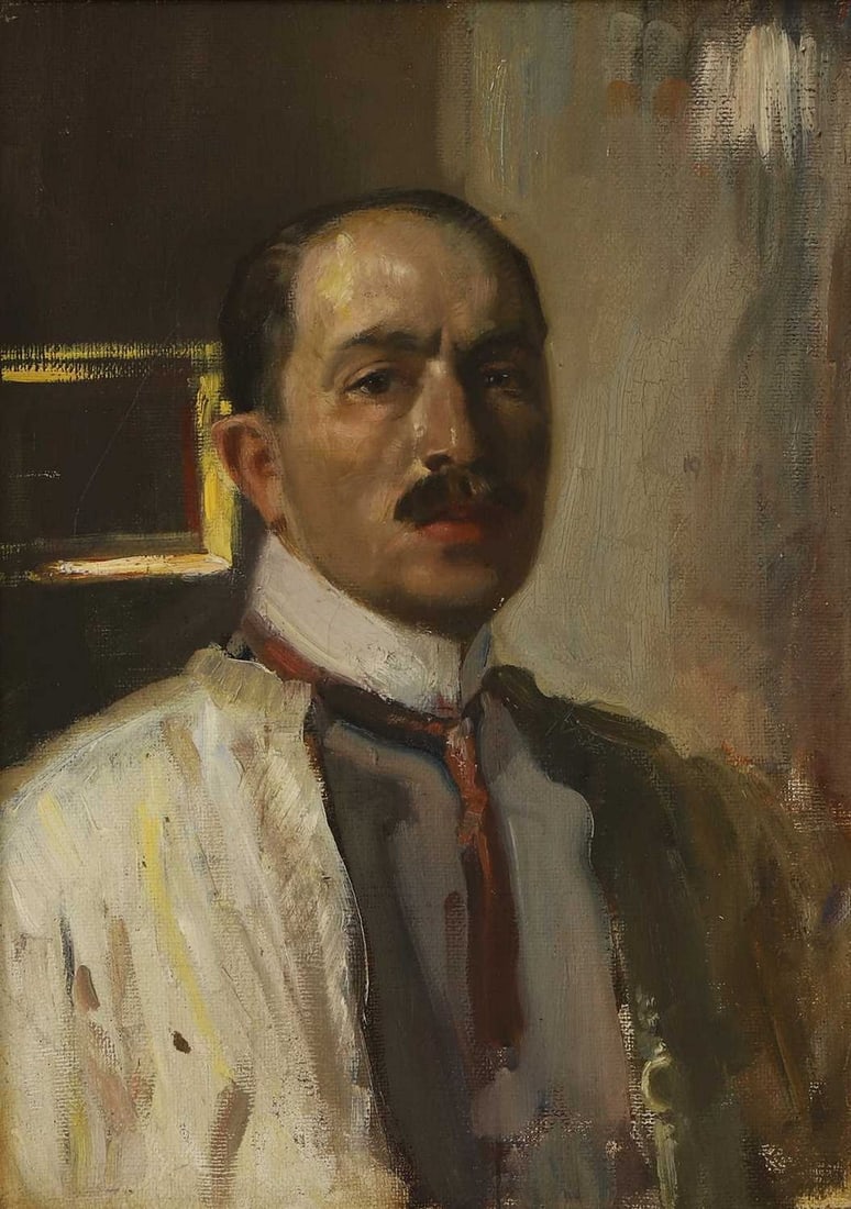 20th Century School A portrait of a man: 20th Century School A portrait of a man oil on canvas (70.5 x 50cm; framed 83 x 62.5cm) Condition Report: Dip to centre of canvas. Craquelure. A light surface scratch and an abrasion to the backg