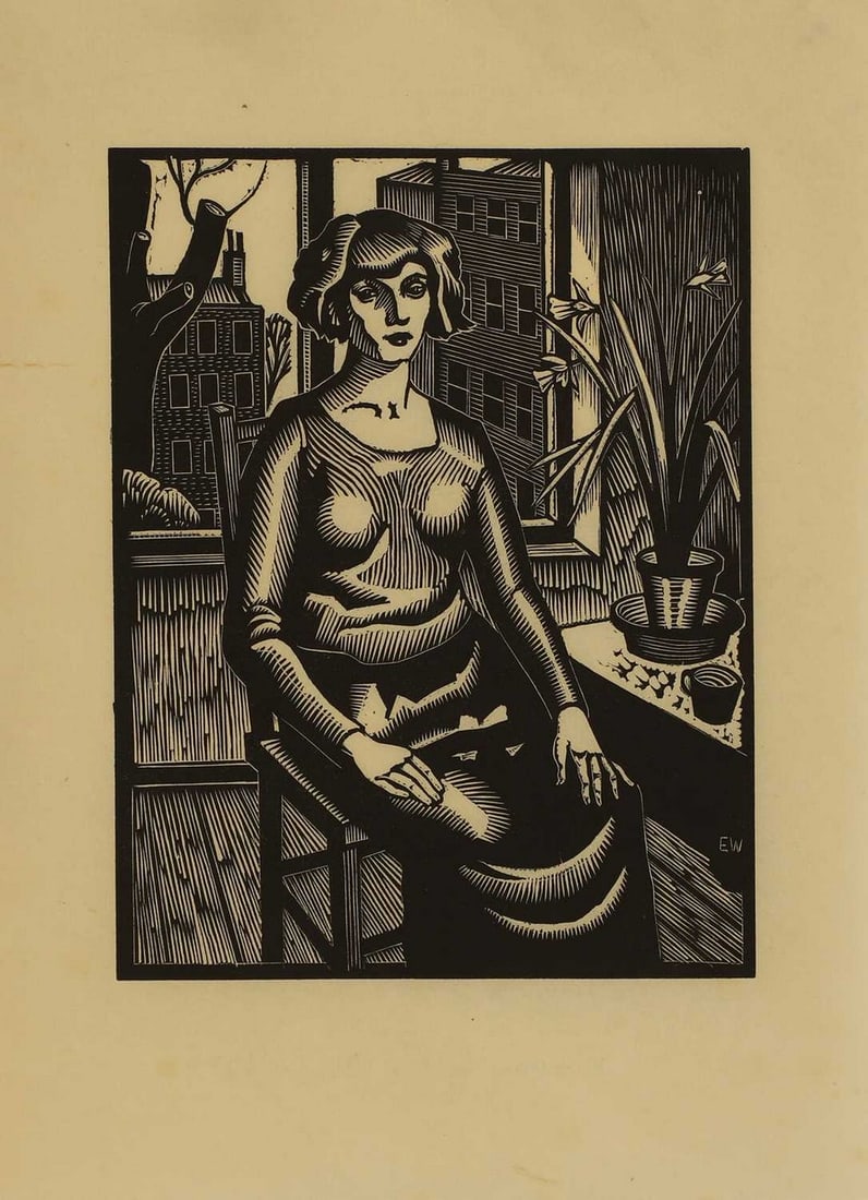 ▲ Ethelbert White (British, 1891-1972) Woman by a window, circa 1926: ▲ Ethelbert White (British, 1891-1972) Woman by a window, circa 1926 woodcut, signed with initials in the plate l.r. (sheet 27 x 20cm; unframed) Footnote: Literature: Hilary Chapman, 'Ethelbert