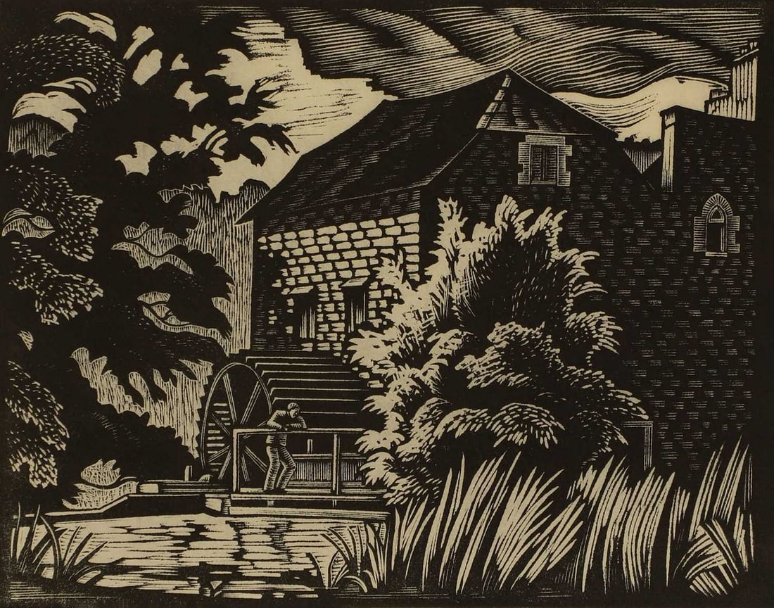 Ethelbert White (British, 1891-1972) A group of three woodcuts: Ethelbert White (British, 1891-1972) A group of three woodcuts 'Netley Mill'; 'The Ploughman's (Plowman's) Cottage'; 'Sawing Logs' the first signed 'Ethelbert White' in pencil l.l., inscribed with tit