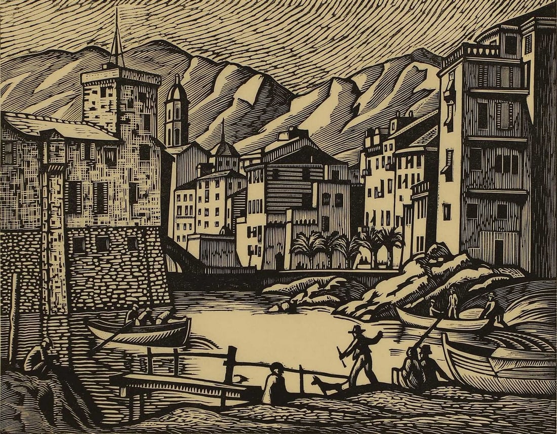 Ethelbert White (British, 1891-1972) 'Portofino', 1924, and 'Rapallo' (Old Rapallo), 1924: Ethelbert White (British, 1891-1972) 'Portofino', 1924, and 'Rapallo' (Old Rapallo), 1924 two woodcuts, the first signed 'Ethelbert White' in pencil l.l., inscribed with title and numbered 1/50 (sheet