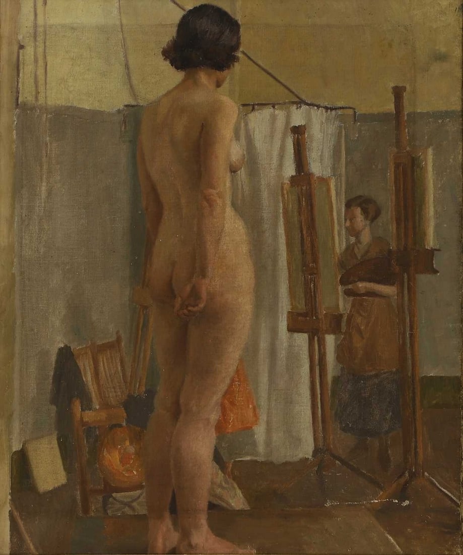 20th Century School Life drawing class: 20th Century School Life drawing class oil on canvas, with a further painting of two women verso (61 x 51cm; framed 77 x 67cm) Condition Report: Slight undulations to canvas. A little surface dirt wit