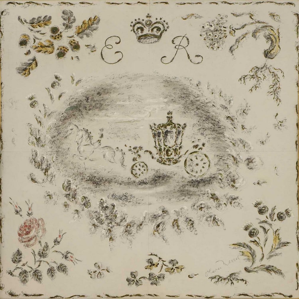 ▲ Oliver Messel (British, 1904-1978) A commemorative scarf design to mark the Coronation: ▲ Oliver Messel (British, 1904-1978) A commemorative scarf design to mark the Coronation of Her Majesty Queen Elizabeth II in 1953 signed 'Oliver Messel' l.r., paint over a printed base, la