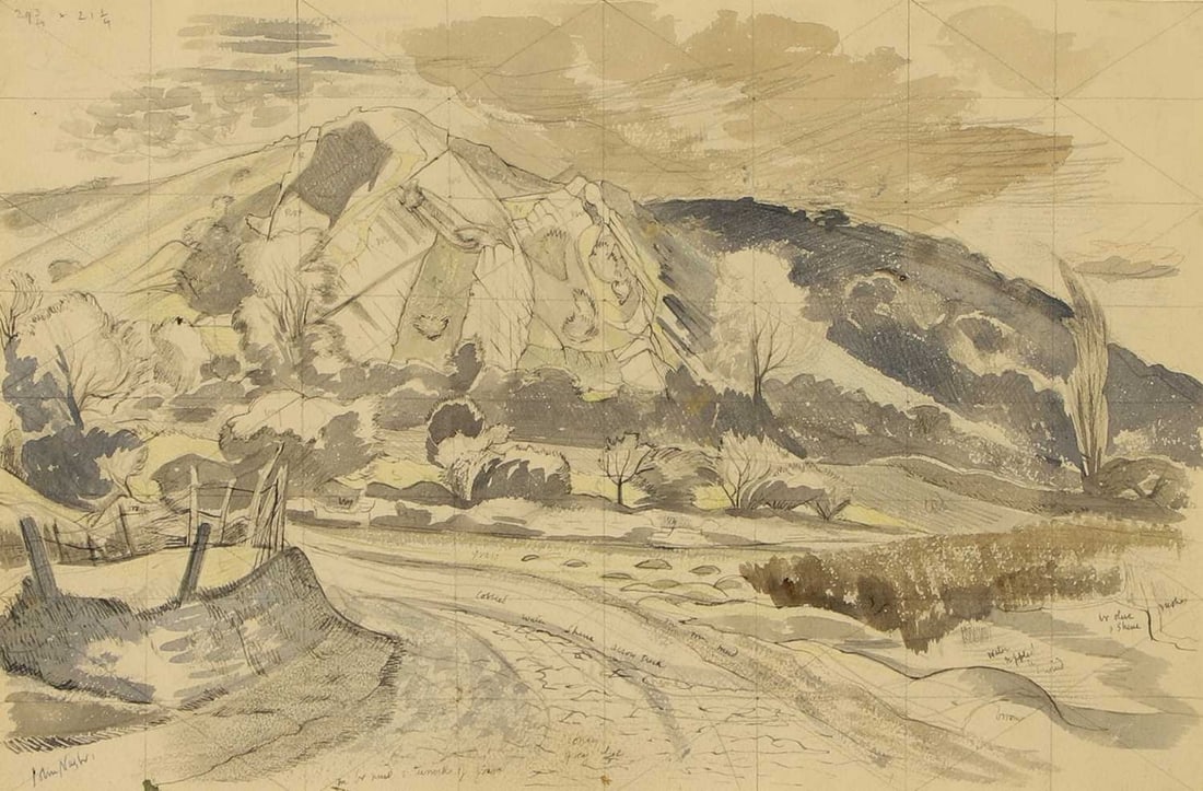 ▲ John Nash RA (British, 1893-1977) A hilly landscape: ▲ John Nash RA (British, 1893-1977) A hilly landscape signed 'John Nash' l.l., with pencil annotations, watercolour over pencil, squared for transfer (25.5 x 35.5cm; framed 46 x 55cm) Provenance