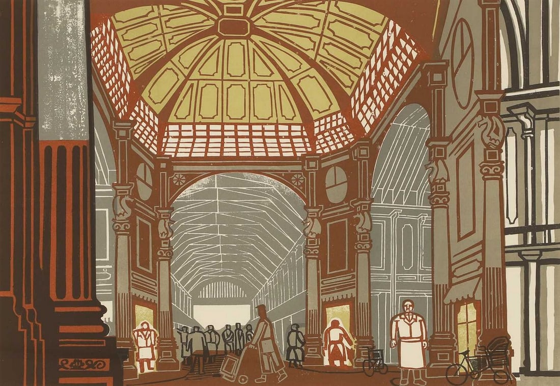 ▲ Edward Bawden RA (British, 1903-1989) 'Leadenhall Market': ▲ Edward Bawden RA (British, 1903-1989) 'Leadenhall Market' lithograph in colours from a linocut, 1967, from 'Six London Markets' commissioned by Curwen Prints, printer's proof aside from the ed