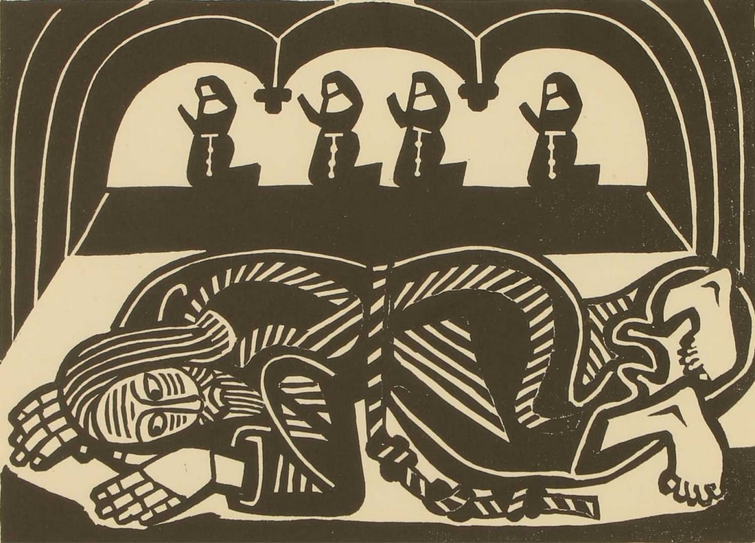 ▲ Edward Bawden RA (British, 1903-1989) 'Ever was Sir Lancelot lying grovelling on the tomb of: ▲ Edward Bawden RA (British, 1903-1989) 'Ever was Sir Lancelot lying grovelling on the tomb of King Arthur and Queen Guinevere' (MG 169) linocut, signed 'Edward Bawden' in pencil l.r., inscribed