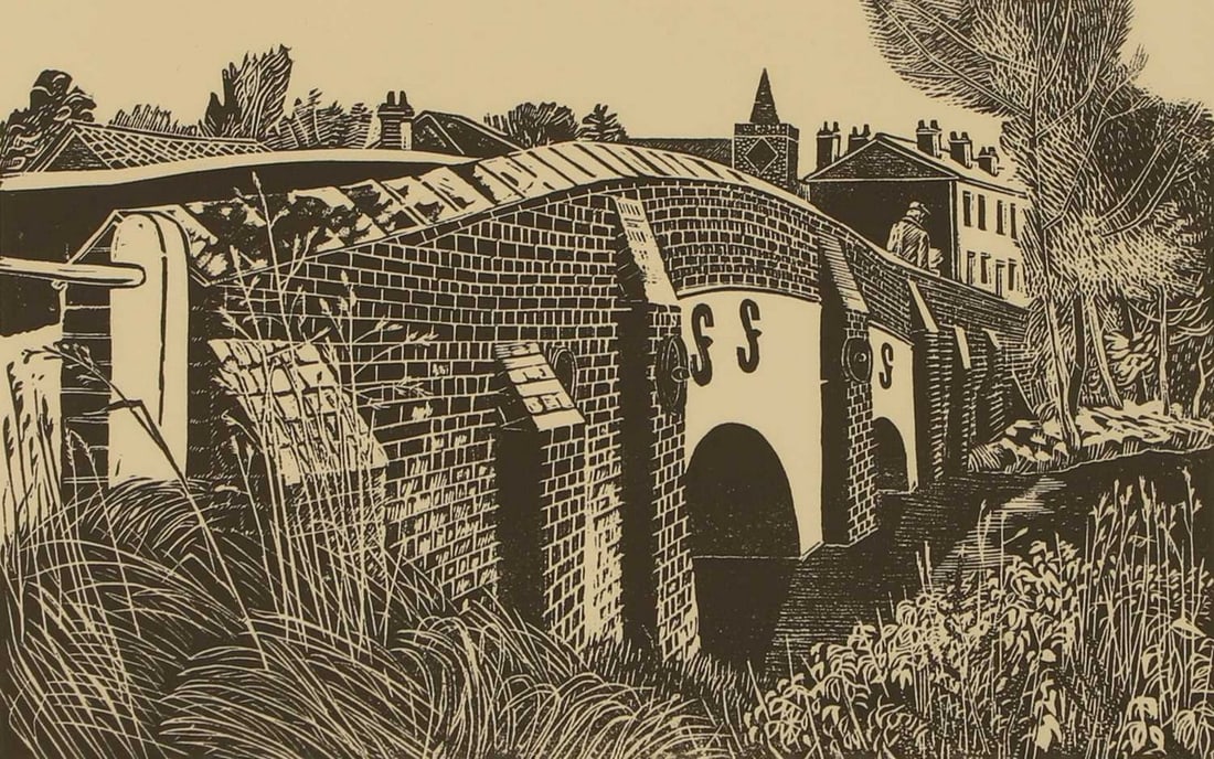 ▲ After Sheila Robinson 'Bridge Over the River Pant' from The Great Bardfield Woodcuts: ▲ After Sheila Robinson 'Bridge Over the River Pant' from The Great Bardfield Woodcuts woodcut, 1991, inscribed with title, number 12/50 from the edition printed by Linda Richardson and Philip P