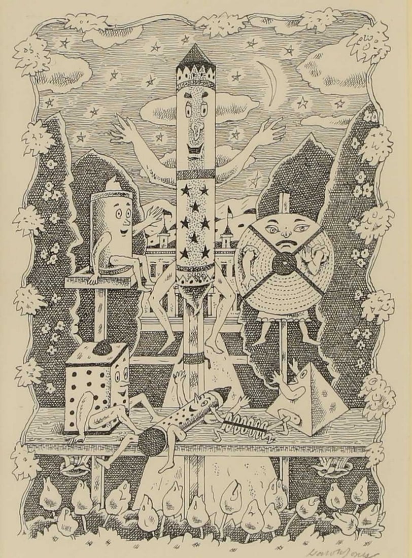 ▲ Harold Jones (British, 1904-1992) 'The Remarkable Rocket': ▲ Harold Jones (British, 1904-1992) 'The Remarkable Rocket' an illustration for 'The Fairy Stories of Oscar Wilde', signed 'Harold Jones' l.r., pen and ink (18 x 13.5cm; framed 38 x 31cm) Proven