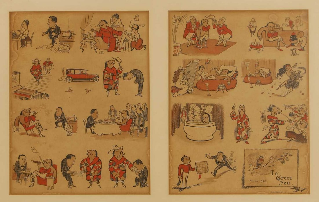 ▲ Henry Mayo Bateman (British, 1887-1970) 'To Greet You, Xmas 1920': ▲ Henry Mayo Bateman (British, 1887-1970) 'To Greet You, Xmas 1920' two sheets framed together, signed and dated 'H. M. BATEMAN/1920' l.r., pen and ink and watercolour (each 35 x 25.5cm; framed
