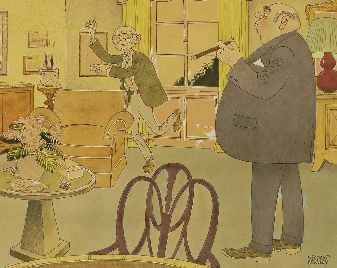 ▲ Nicolas Clerihew Bentley (British, 1907-1978) Two men in an interior: ▲ Nicolas Clerihew Bentley (British, 1907-1978) Two men in an interior signed 'NICOLAS/BENTLEY' l.r., pen and ink and watercolour heightened with white (21 x 26.5cm; framed 35.5 x 40cm) Provenan