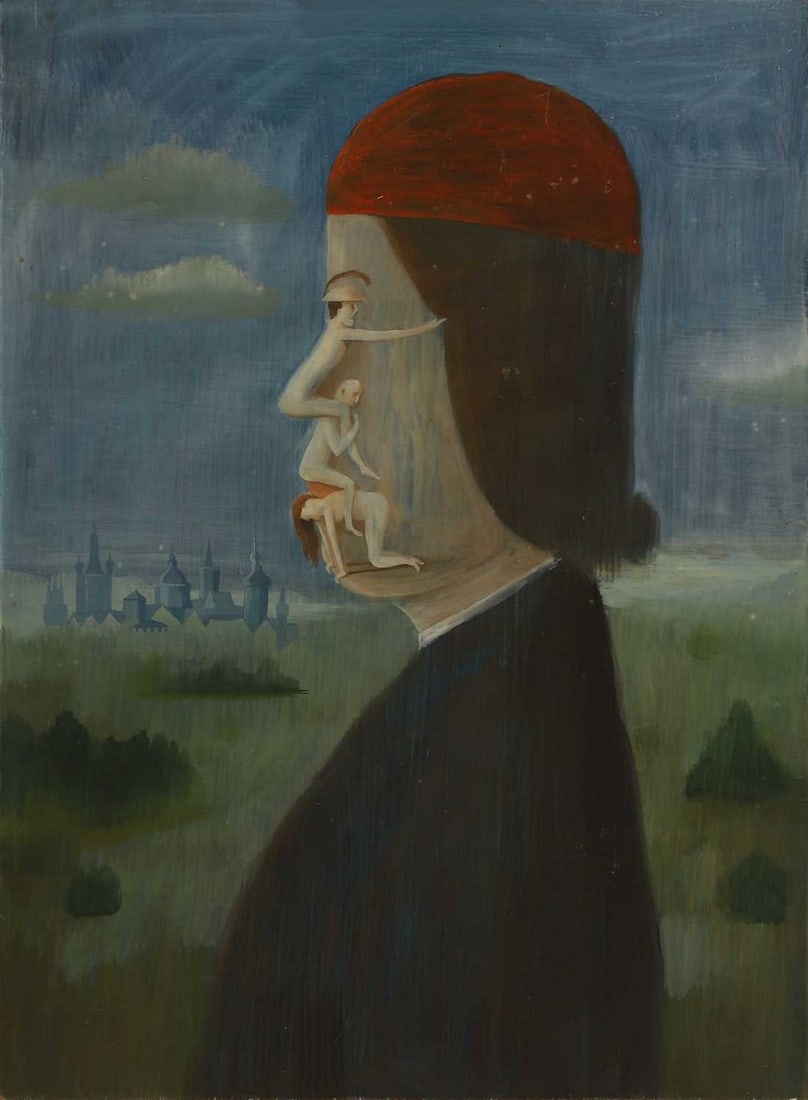 ▲ Ronald Ferns (British, 1925-1997) Portrait with figures: ▲ Ronald Ferns (British, 1925-1997) Portrait with figures gouache on board (40.5 x 30.5cm, unframed) Condition Report: Minor surface scuffs and scratches. Small scattered white spots and speckle