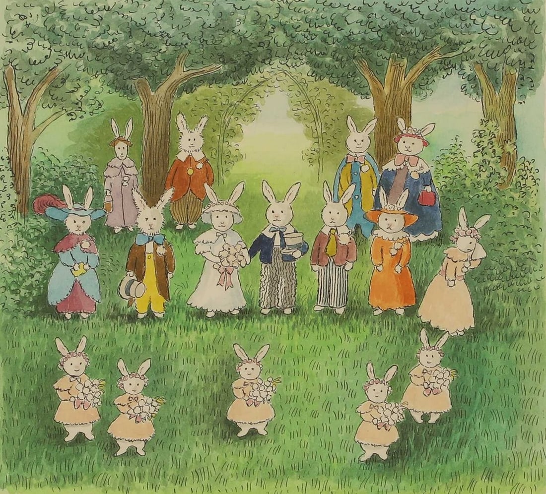▲ Ronald Ferns (British, 1925-1997) Bunnies at a woodland wedding: ▲ Ronald Ferns (British, 1925-1997) Bunnies at a woodland wedding pen and ink and watercolour (19 x 19cm; framed 33.5 x 33.5cm) Condition Report: Image 16 x 16.5cm. Appears to be in good conditi
