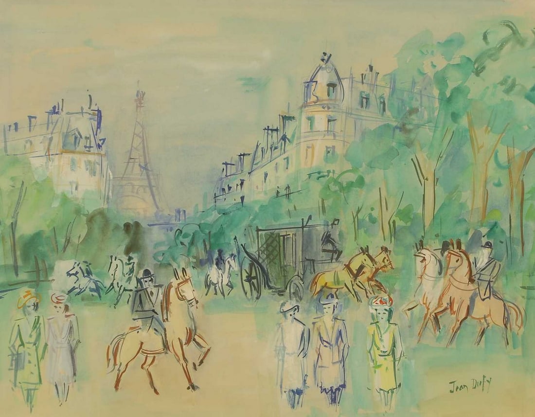 ▲ Jean Dufy (French, 1888-1964) Parisian street with a view of the Eiffel Tower: ▲ Jean Dufy (French, 1888-1964) Parisian street with a view of the Eiffel Tower signed 'Jean Dufy' l.r., watercolour and gouache (48 x 59cm; framed 79 x 87cm) (2, painting and certificate) Footn