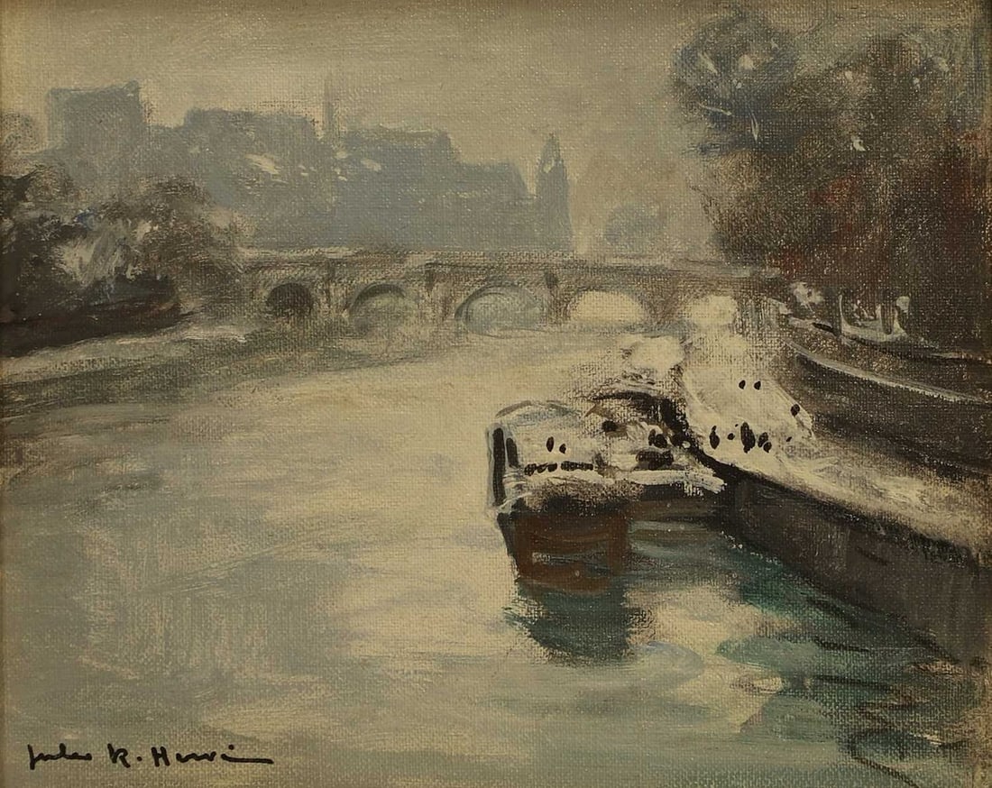 ▲ Jules-René Hervé (French, 1887-1981) Boats by a bridge: ▲ Jules-René Hervé (French, 1887-1981) Boats by a bridge signed 'Jules R. Herve' l.l., also signed verso, oil on canvas (22 x 27cm; framed 34 x 39cm) Condition Report: No obvious condi