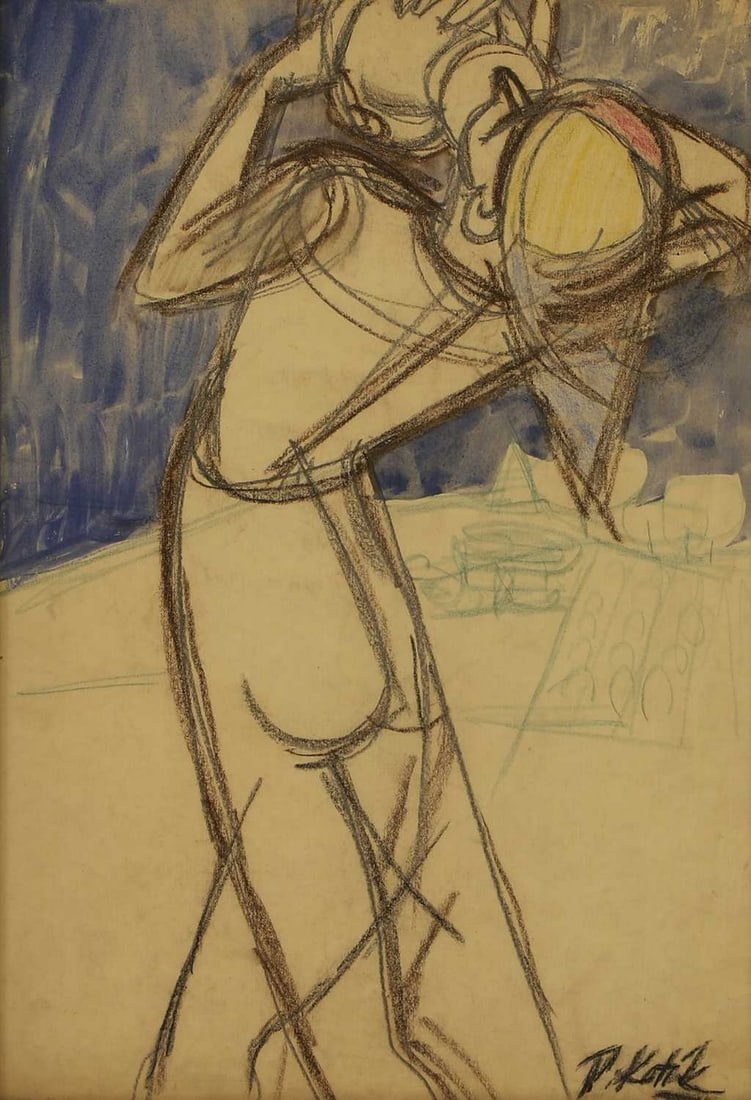 ▲ Pravoslav Kotik (Czech, 1889-1970) 'Thirst', circa 1940: ▲ Pravoslav Kotik (Czech, 1889-1970) 'Thirst', circa 1940 signed 'P. Kotik' l.r., pencil, coloured crayon and watercolour (42 x 28.5cm; framed 57 x 44cm) (2, painting and certificate) Footnote: