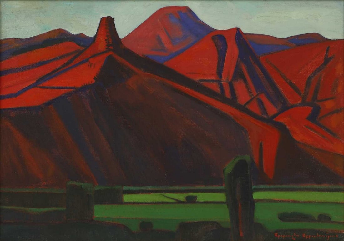 Artashes Abraamyan (Armenian, 1921-2003) 'Spring in the Mountains', circa 1970s: Artashes Abraamyan (Armenian, 1921-2003) 'Spring in the Mountains', circa 1970s signed in Cyrillic l.r., also signed and inscribed verso, oil on canvas (56 x 80cm; framed 65.5 x 88.5cm) Condition Repo