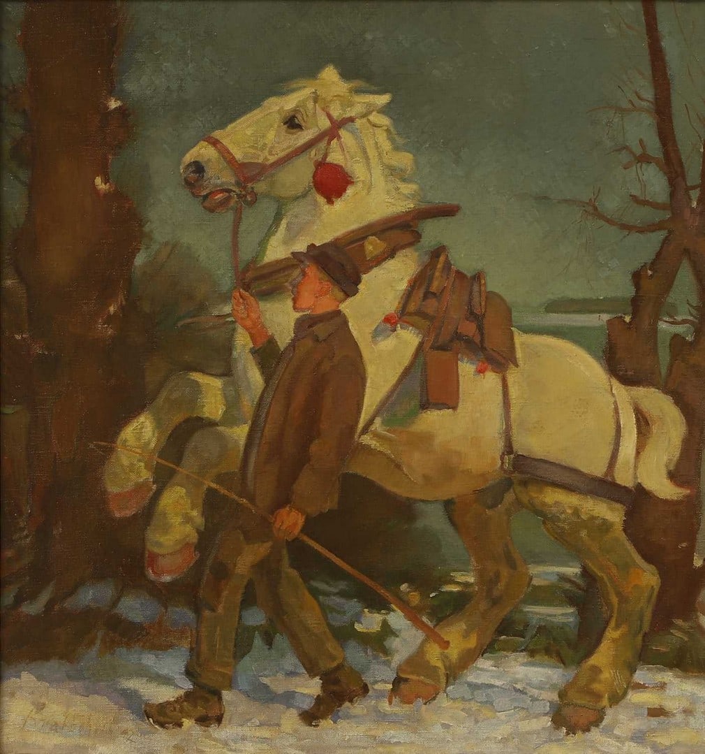 20th Century European School A boy leading a horse in the snow: 20th Century European School A boy leading a horse in the snow indistinctly signed and dated '42'(?) l.l., oil on canvas (68 x 64cm; framed 81.5 x 77cm) Condition Report: A little fine cracking starti